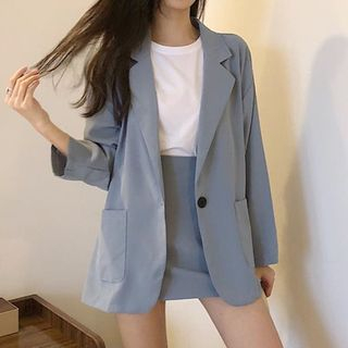 Yako - Set: Single Button Blazer + A-line Skirt | YesStyle
