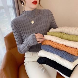 MIKIGA-Long Sleeve Mock Neck Ribbed Knitted Top