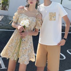 Azure - Couple Matching Short-Sleeve T-Shirt / Shorts / Floral A-Line Dress