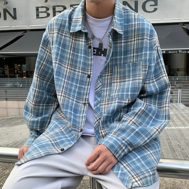 Oakjam-Long-Sleeve Pocketed Plaid Shirt