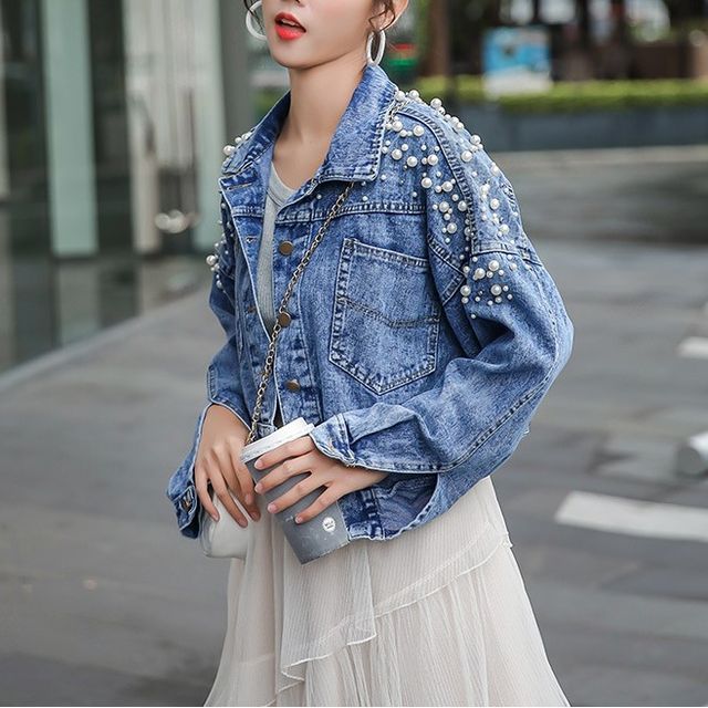 Kloitrinm Pocket Detail Faux Pearl Denim Single-Breasted Jacket