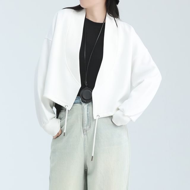 SIMPLE BLACK-Long Sleeve V-Neck Drawstring Hem Crop Jacket