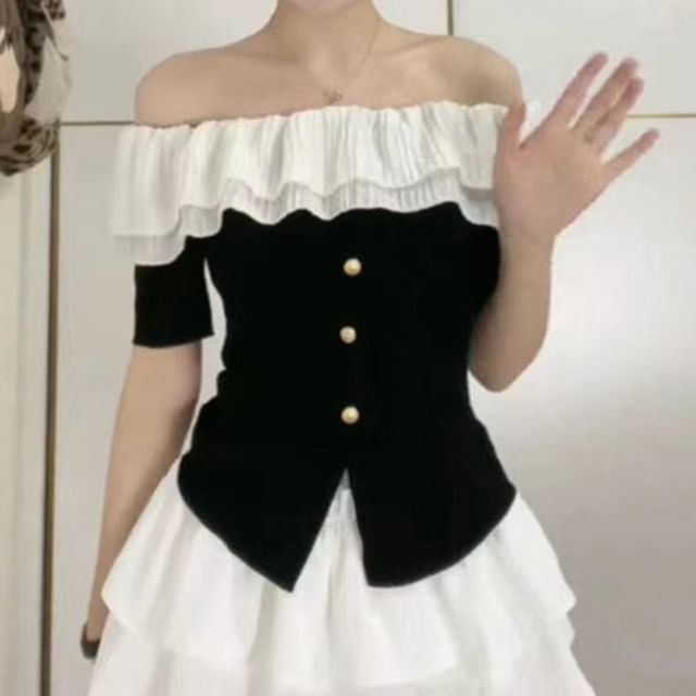 PERKARP-Short-Sleeve Off-Shoulder Two Tone Front-Slit Tee
