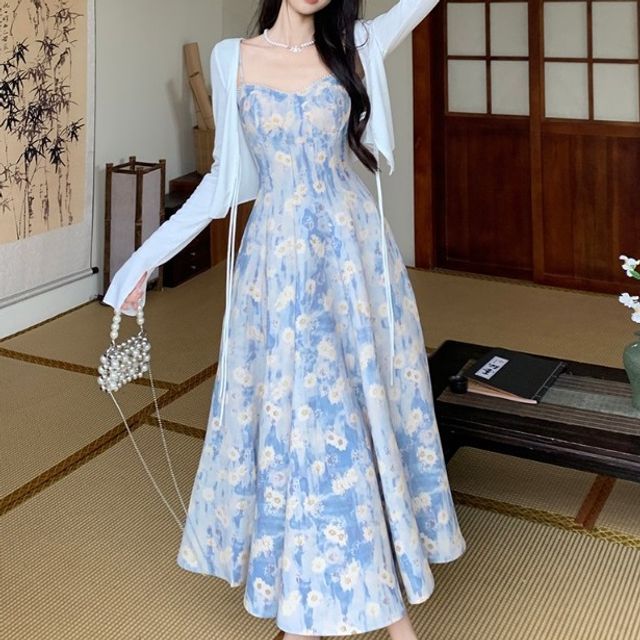 Floral Dress Blue Spaghetti Strap Maxi Dress Omolon Plain Cardigan