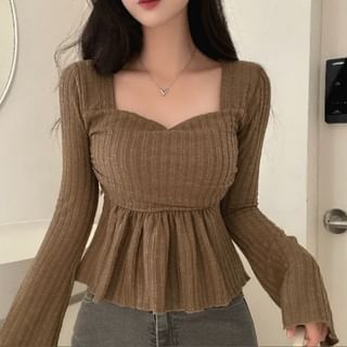 MIKIGA-Long Sleeve Square Neck Ruffle Hem Knit Top