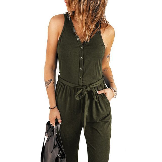 sleeveless henley jumpsuit