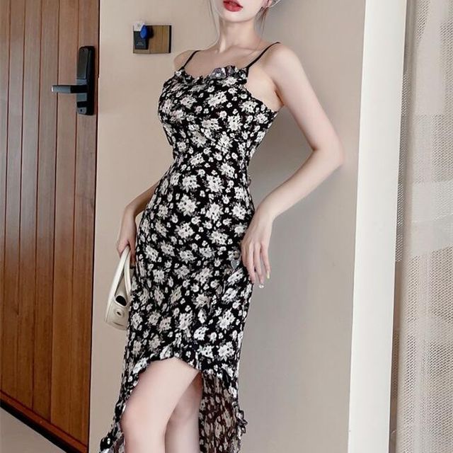Princess Road Spaghetti Strap Floral Print Ruffled Slit Midi