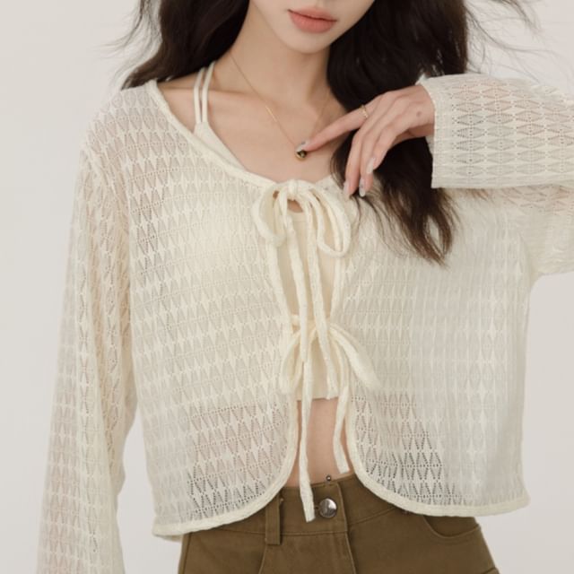 Shinsei-Scoop Neck Plain Perforated Tie Front Crop Light Jacket