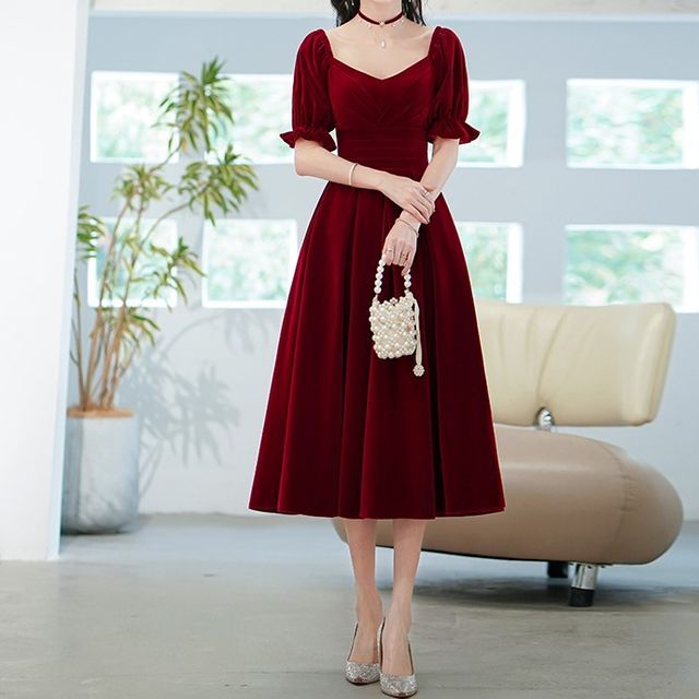 FullBloom - Puff-Sleeve Midi A-Line Cocktail Dress
