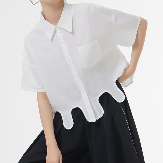 KUMI-Elbow-Sleeve Plain Asymmetrical Button-Up Shirt