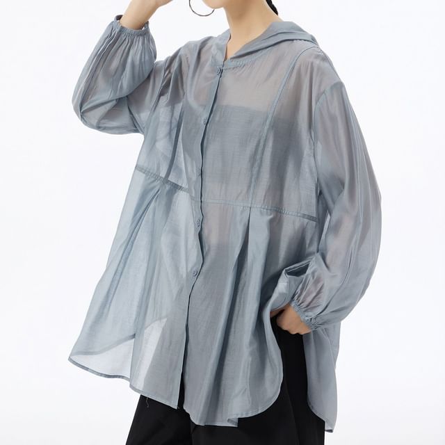 KUMI-Plain Hooded Button Light Jacket