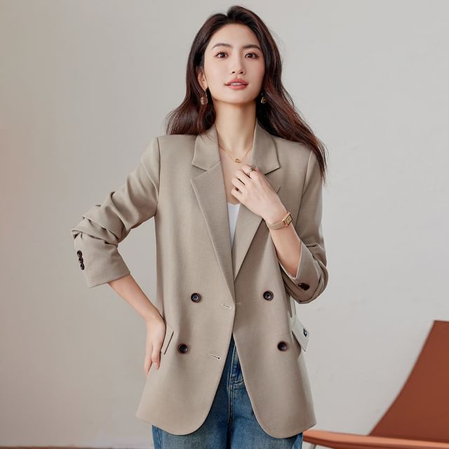 Skyheart-Lapel Collar Plain Double Breasted Blazer