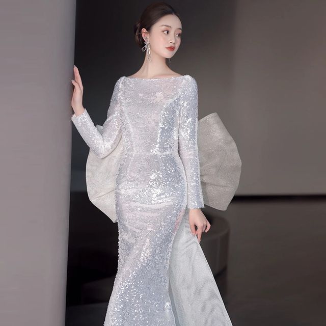 Mermaid Illusion Neck Long Gowns with Bow Red main image 0