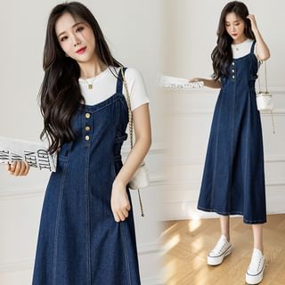 Janunu Henley Denim Midi Overall Dress Sale