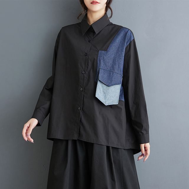 Lewwe-Long-Sleeve Denim Patchwork Shirt