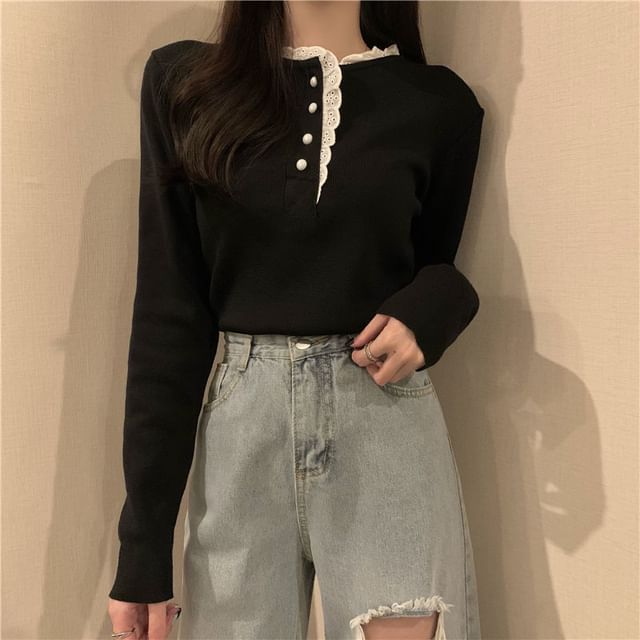 Sisyphi-Long-Sleeve Stand Collar Lace Trim Half-Buttoned Knit Top