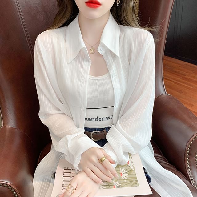 Jeonseon-Long Sleeve Collared Striped Shirt