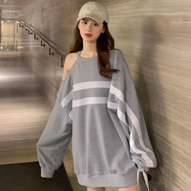 Gilmort-Cold Shoulder Striped Panel Sweatshirt