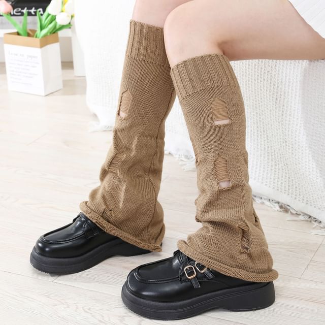 Kinoxslone-Plain Distressed Knit Leg Warmers