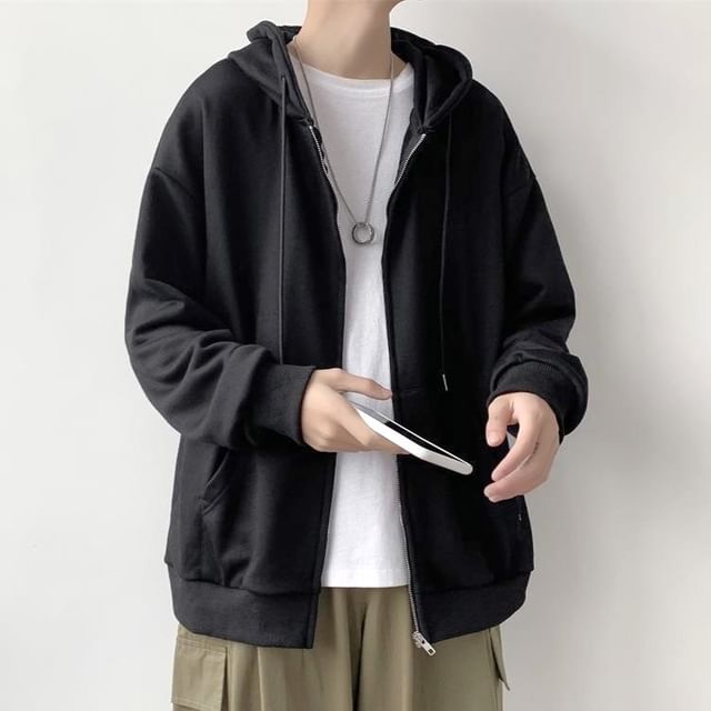 Femilina-Plain Zip-Up Hoodie