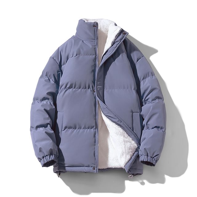 Lefitt-Stand Collar Plain Fleece-Lined Zip Puffer Jacket