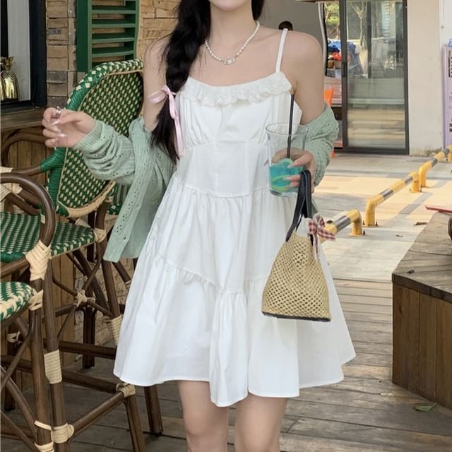 Okalpis-Spaghetti Strap Plain Mini A-Line Dress