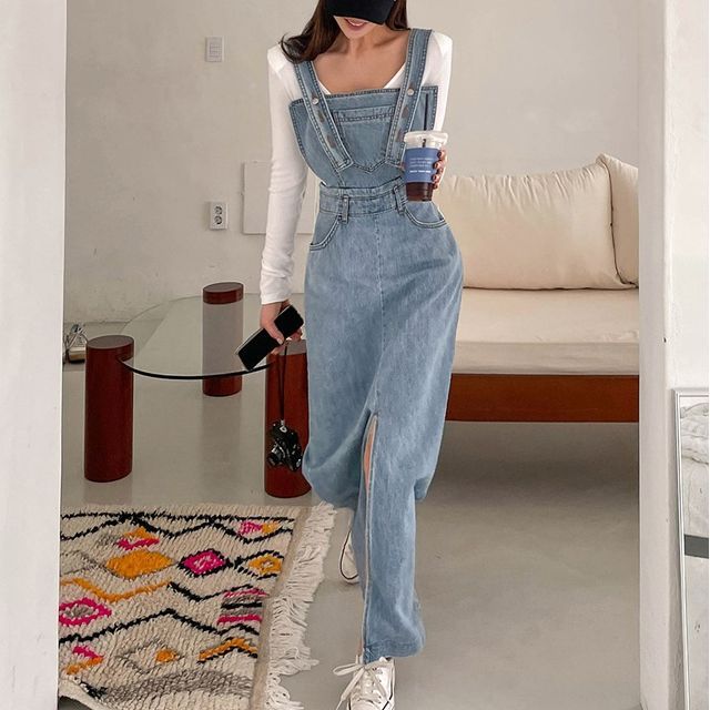chinese dress ladies OVERALL DENIM MAXI DRESS W5324SIA – Wisteria Lane main image 0