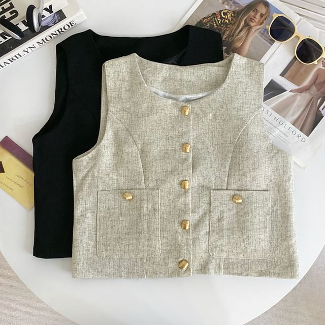 Iasia-Round Neck Tweed Button Vest