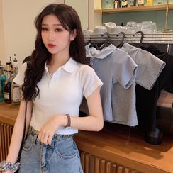 Ketaph - Short-Sleeve Plain Cropped Polo Shirt Ketaph - Short-Sleeve Plain Cropped Polo Shirt