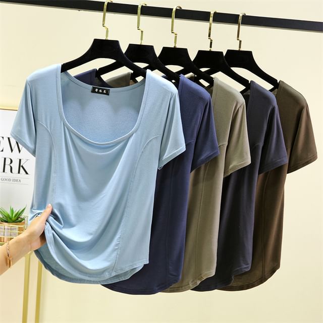 KUMI-Short-Sleeve Square Neck Plain T-Shirt