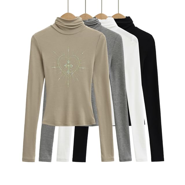 Florentine - Long Sleeve Turtleneck Cross Heart Rhinestone Top