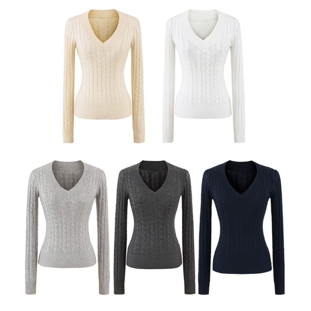 Asiris-Long Sleeve V-Neck Plain Cable-Knit Slim-Fit Top