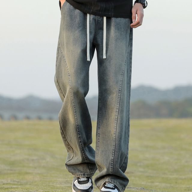 YERGO-Drawstring Waist Washed Loose Fit Jeans