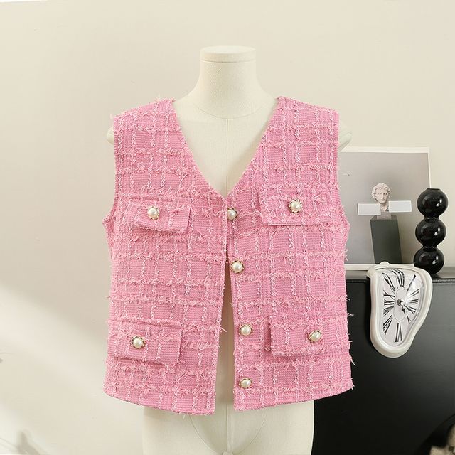 Lemongrass - Loose-Fit V-Neck Tweed Vest | YesStyle
