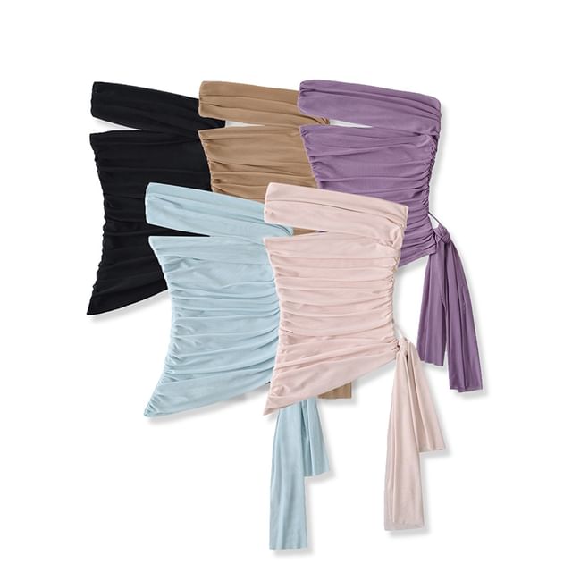 Ulark-Strapless Plain Ruched Crop Tube Top