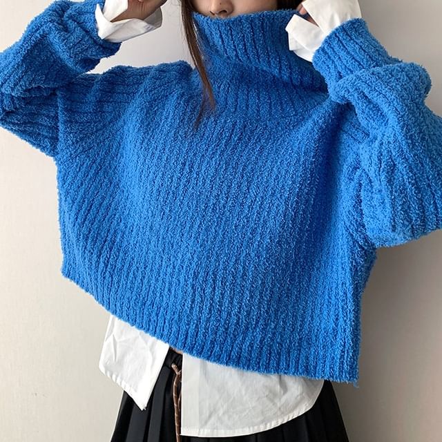 Striinkie-Turtleneck Plain Ribbed Cropped Sweater