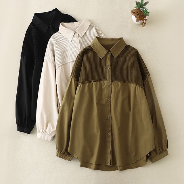 Lewwe-Long-Sleeve Collared Plain Panel Button-Up Blouse