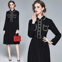 Yonna - Long-Sleeve Midi A-Line Pleated Dress Yonna - Long-Sleeve Midi A-Line Pleated Dress