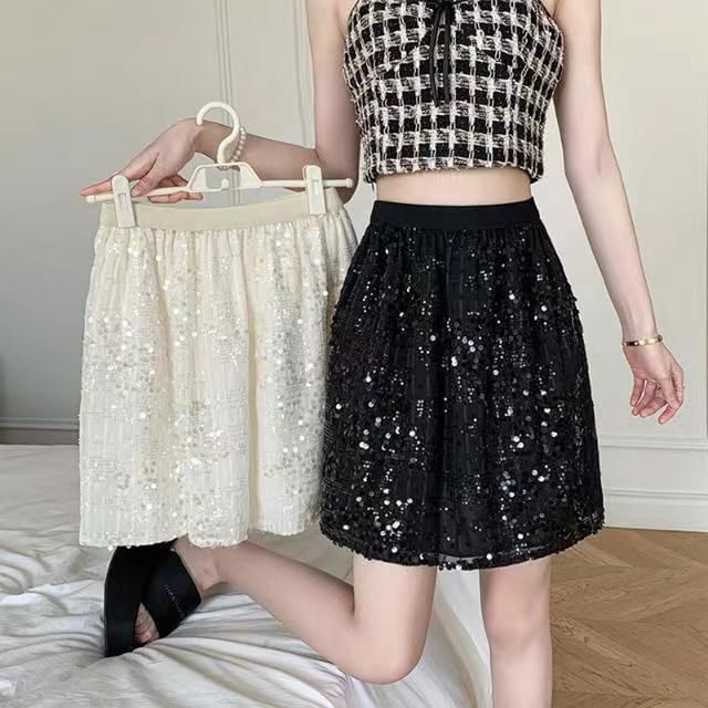 Everose-High Waist Plain Sequin Mini A-Line Skirt