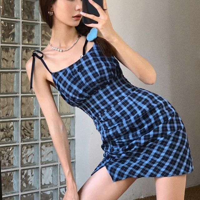 blue plaid bodycon dress Piper Bodycon Dress in 90'S Check Blue Pink – motelrocks-com-us main image 0