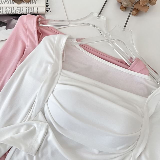DIYI-Long-Sleeve Square Neck Plain Crop Top