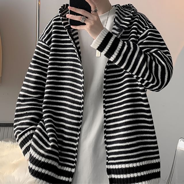 Trimecca-Striped Zip-Up Knit Hoodie
