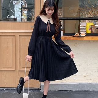Miss Bearie - Long-Sleeve Collar Midi A-Line Pleated Dress | YesStyle