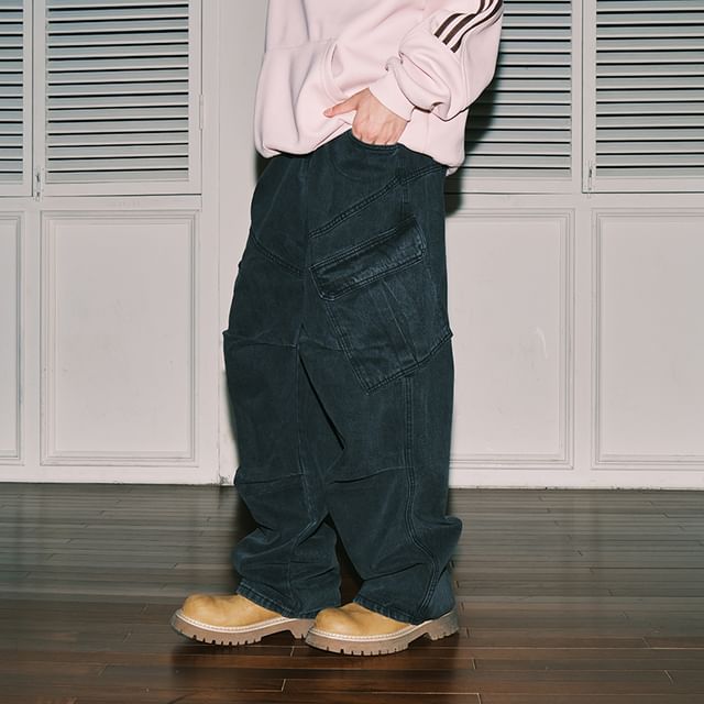 JUN-LEE-Mid Waist Baggy Cargo Jeans