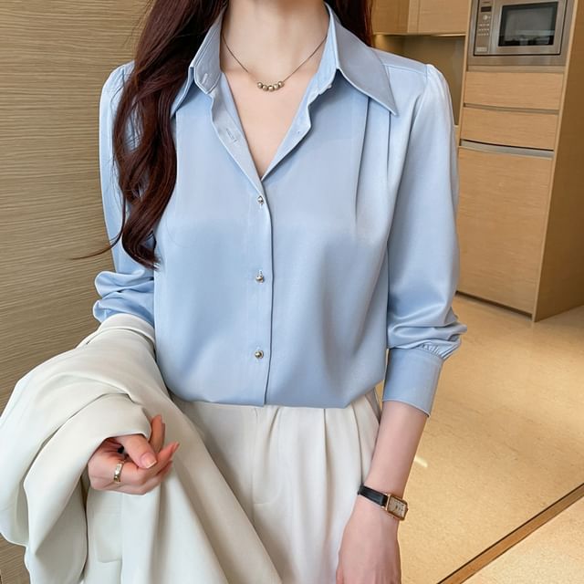 Dragan Pulse-Long-Sleeve Collared Plain Pleated Button Up Shirt