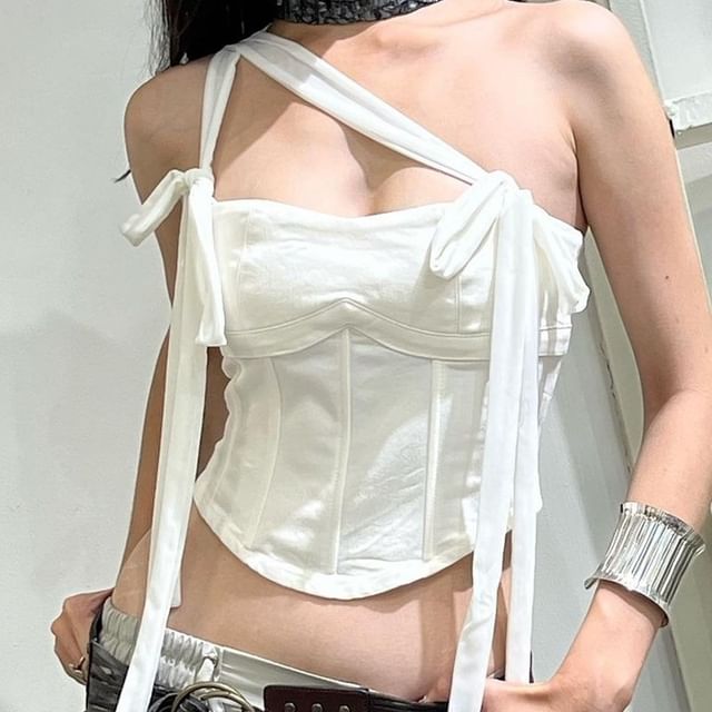 Sosana-Single Shoulder Plain Crop Bustier Top