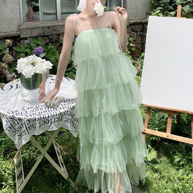Yuxi - Spaghetti Strap Mesh Tiered Maxi Dress | YesStyle