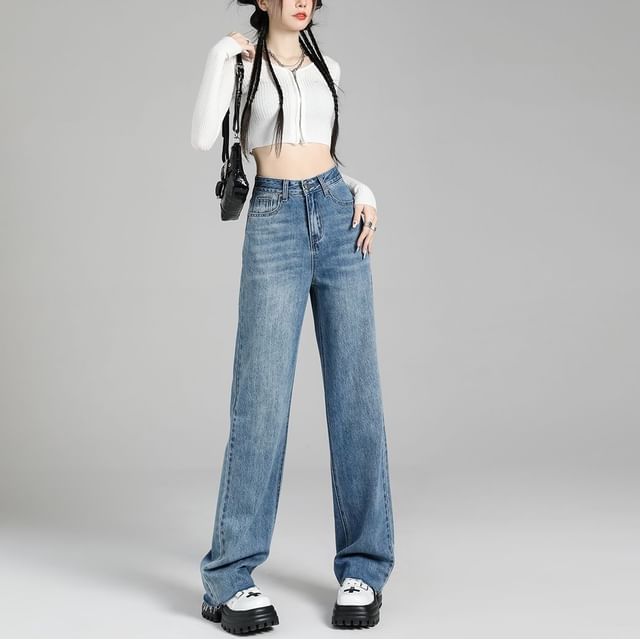 Denimot-High Rise Washed Wide Leg Jeans
