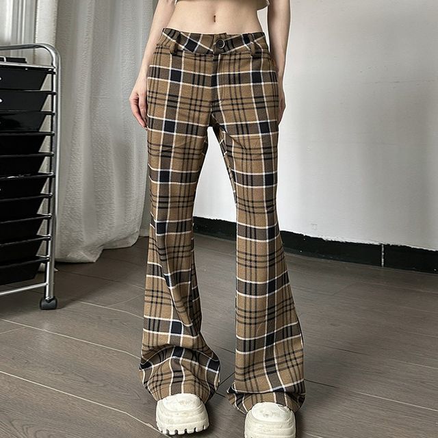 nefky Mid Rise Plaid Flared Pants YesStyle