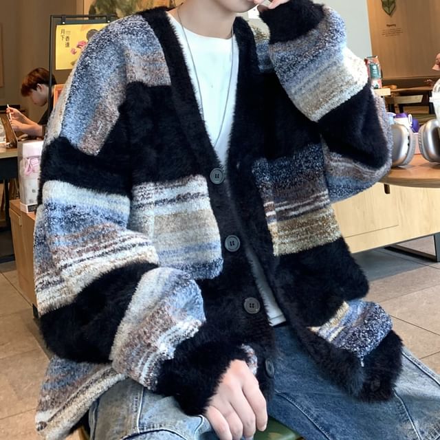 Drawouf-V-Neck Striped Button-Up Cardigan